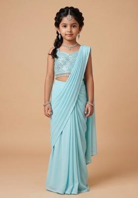 Pale Blue Hand Work Georgette Pre Draped Saree Set For Girls