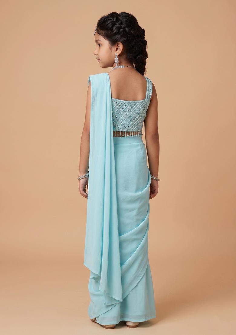 Pale Blue Hand Work Georgette Pre Draped Saree Set For Girls - Indya