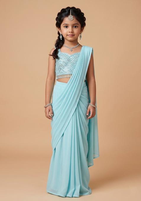 Pale Blue Hand Work Georgette Pre Draped Saree Set For Girls