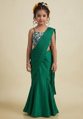 Dark Green Hand Work Embellished Satin Pre Draped Saree Set For Girls