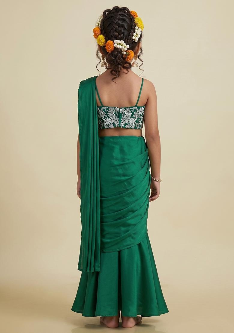 Dark Green Hand Work Embellished Satin Pre Draped Saree Set For Girls - Indya