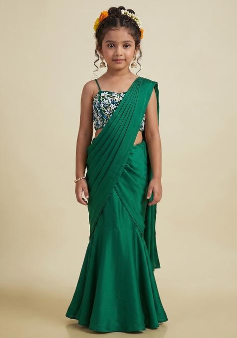 Dark Green Hand Work Embellished Satin Pre Draped Saree Set For Girls