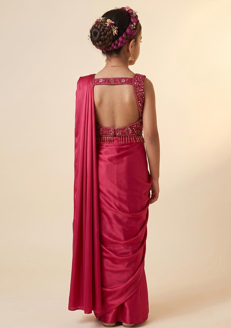 Deep Red Hand Work Embellished Satin Pre Draped Saree Set For Girls - Indya