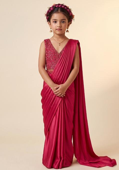 Deep Red Hand Work Embellished Satin Pre Draped Saree Set For Girls