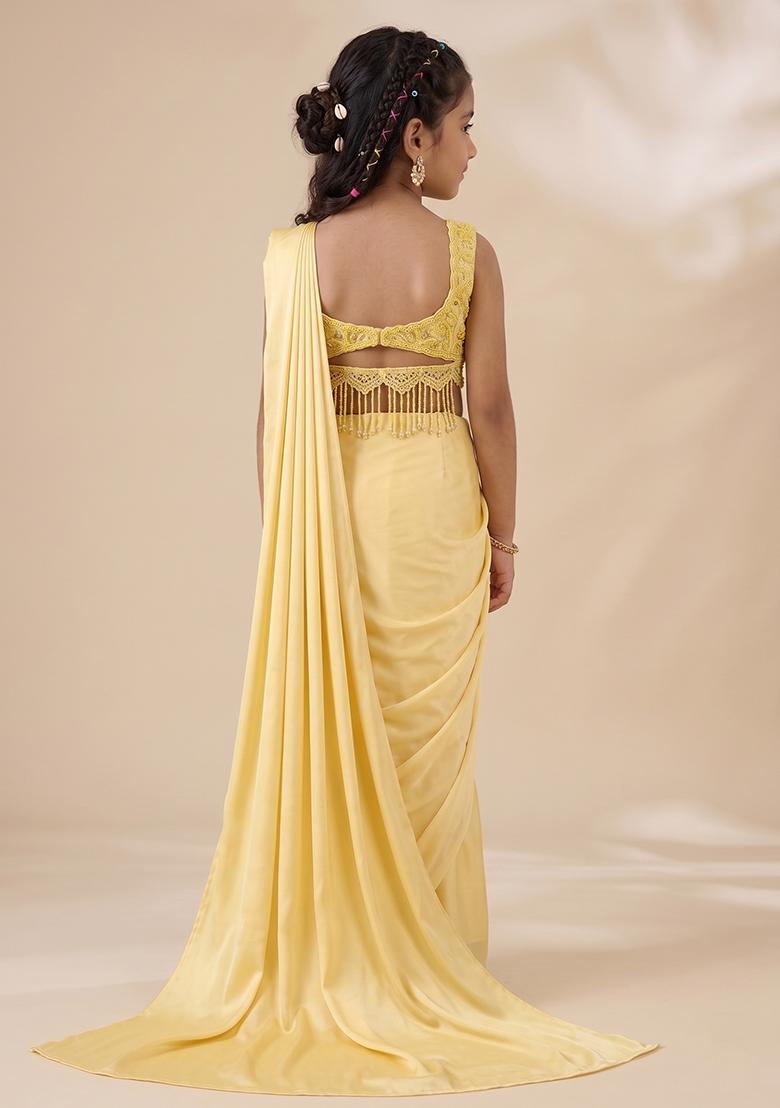Light Yellow Hand Work Embellished Satin Pre Draped Saree Set For Girls - Indya