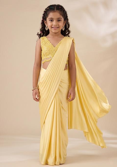 Light Yellow Hand Work Embellished Satin Pre Draped Saree Set For Girls — view on Indya