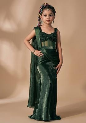 Emerald Green Hand Work Embellished Silk Pre Draped Saree Set For Girls