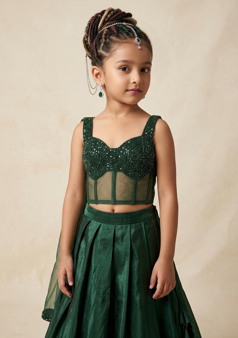 Emerald Green Hand Work Embellished Silk Pre Draped Saree Set For Girls - Indya