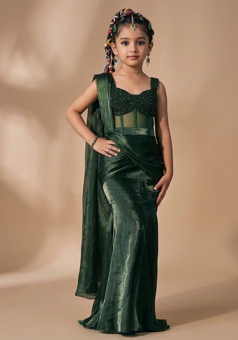 Emerald Green Hand Work Embellished Silk Pre Draped Saree Set For Girls — view on Indya
