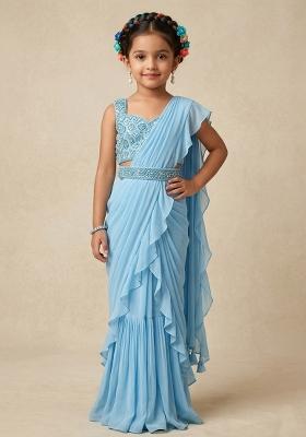 Powder Blue Hand Work Embellished Chinon Pre Draped Saree Set For Girls