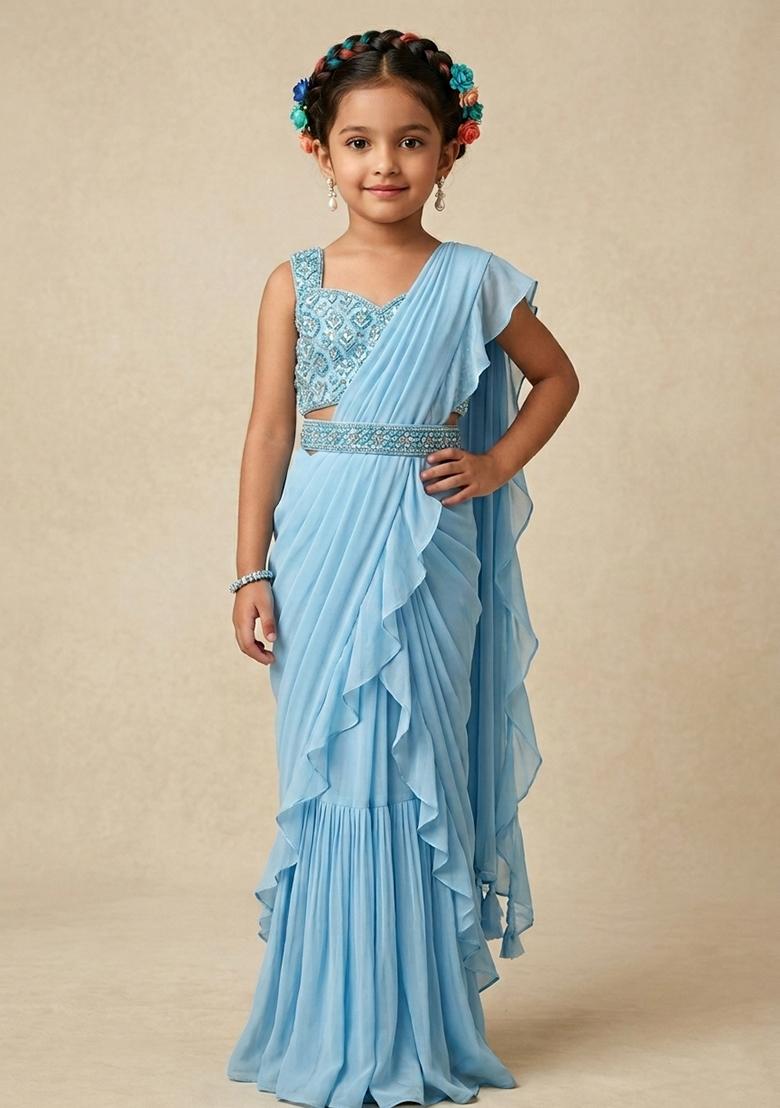 Powder Blue Hand Work Embellished Chinon Pre Draped Saree Set For Girls - Indya