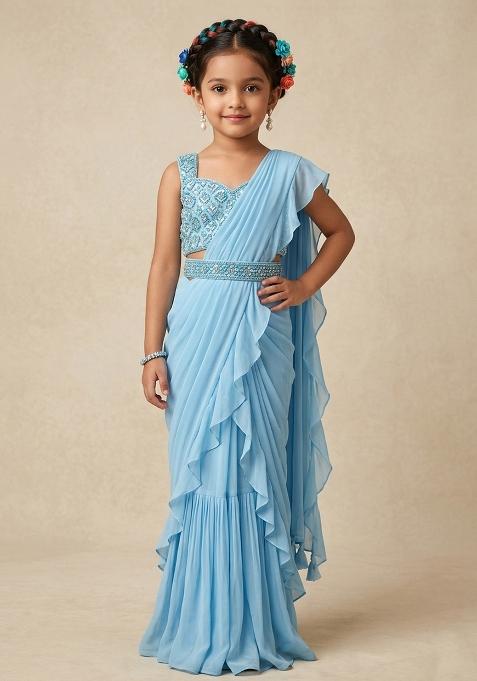 Powder Blue Hand Work Embellished Chinon Pre Draped Saree Set For Girls