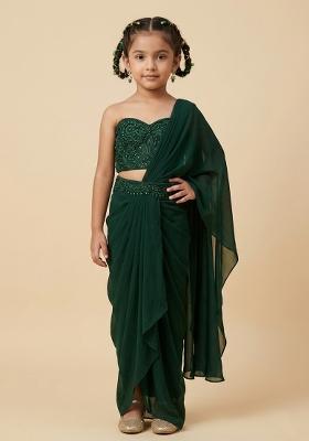 Green Hand Work Embellished Pre Draped Saree Set For Girls