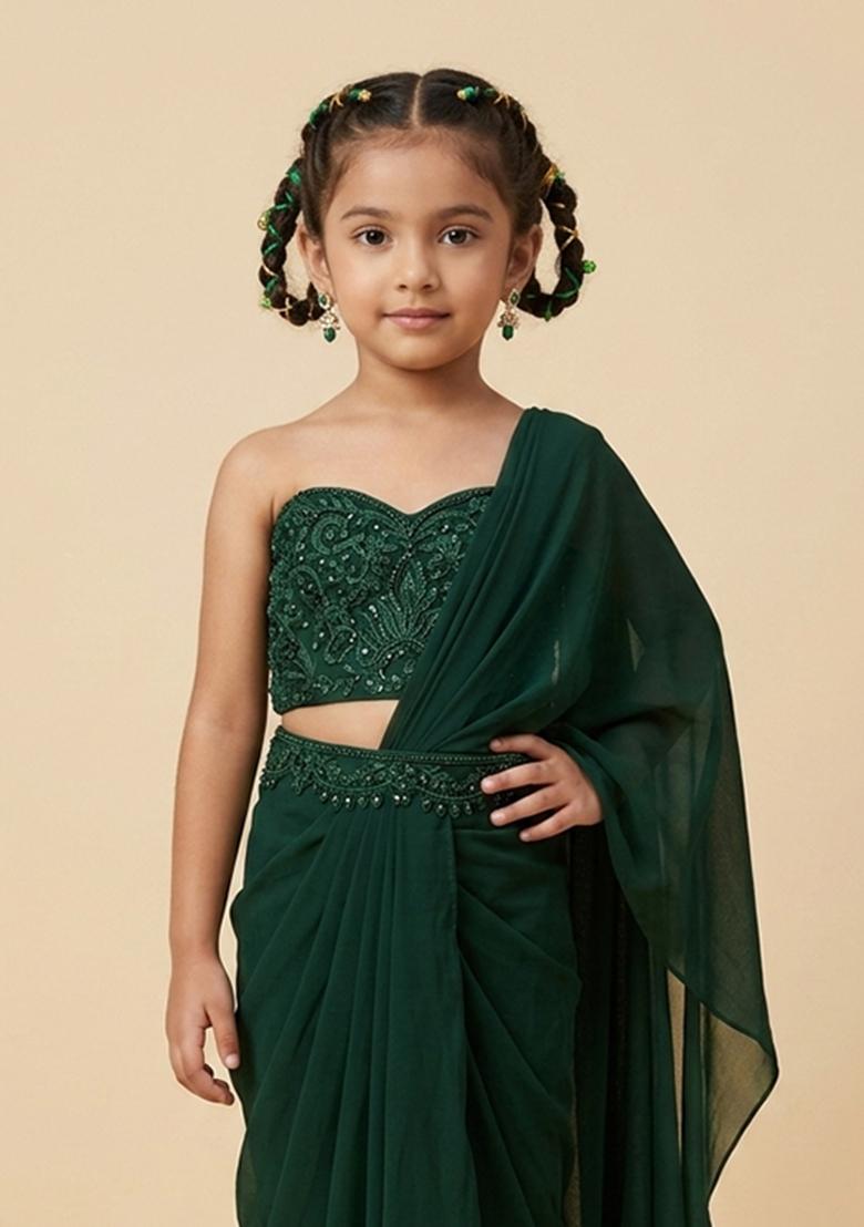 Green Hand Work Embellished Pre Draped Saree Set For Girls - Indya