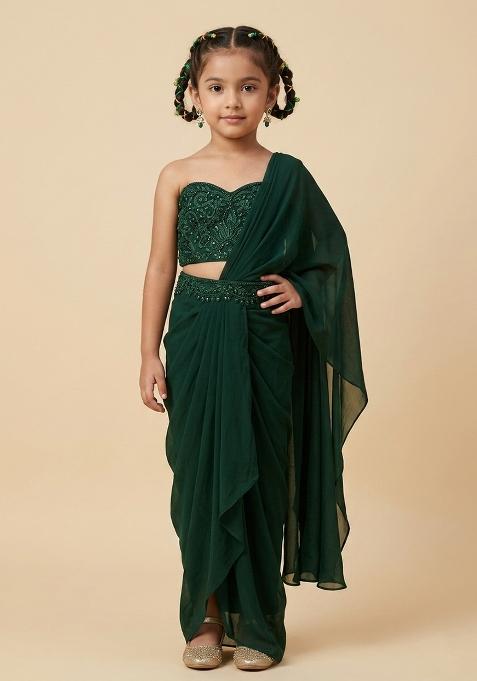 Green Hand Work Embellished Pre Draped Saree Set For Girls — view on Indya
