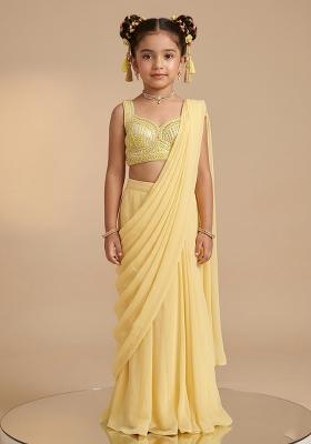 Yellow Hand Work Embellished Pre Draped Saree Set For Girls