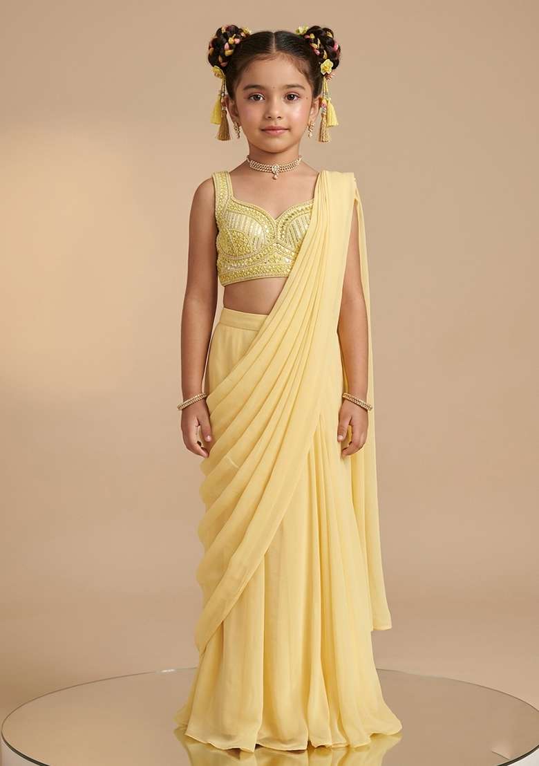 Yellow Hand Work Embellished Pre Draped Saree Set For Girls - Indya