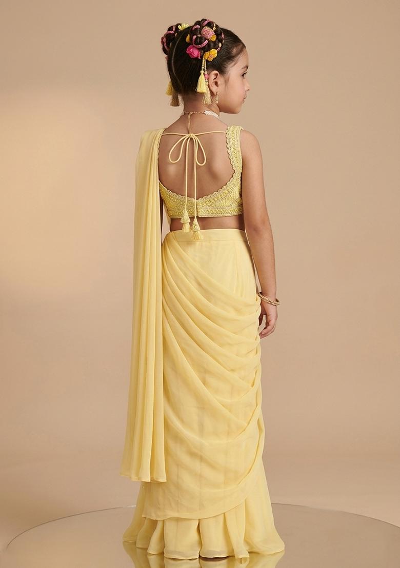 Yellow Hand Work Embellished Pre Draped Saree Set For Girls - Indya