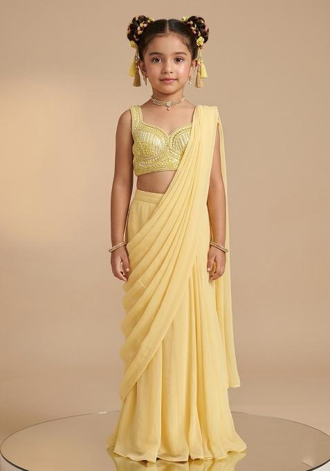 Yellow Hand Work Embellished Pre Draped Saree Set For Girls