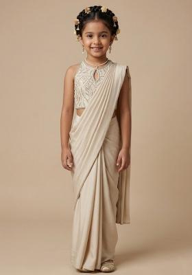 Off White Hand Work Sequin Pre Draped Saree Set For Girls