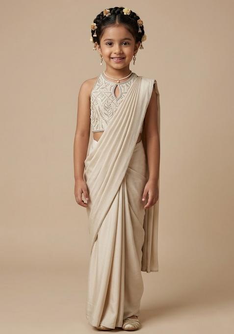 Off White Hand Work Sequin Pre Draped Saree Set For Girls