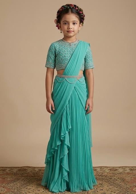 Aqua Green Hand Work Embellished Pre Draped Saree Set For Girls