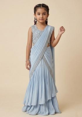 Powder Blue Crepe Handwork Pre Draped Saree Set For Girls