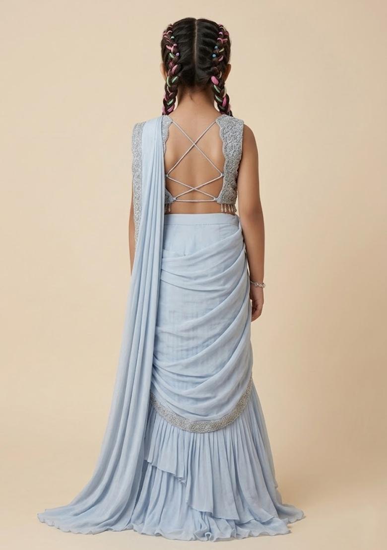 Powder Blue Crepe Handwork Pre Draped Saree Set For Girls - Indya