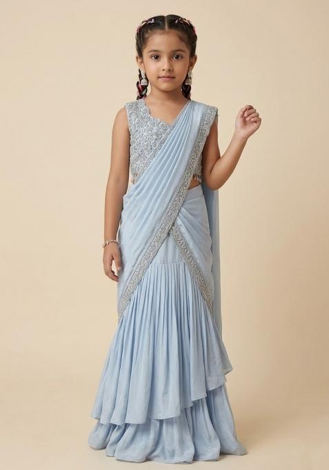 Powder Blue Crepe Handwork Pre Draped Saree Set For Girls
