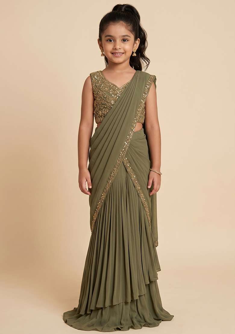 Brown Crepe Handwork Pre Draped Saree Set For Girls - Indya