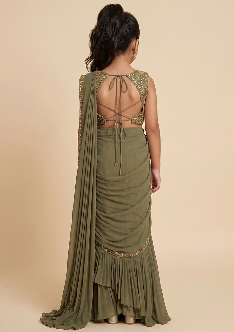 Brown Crepe Handwork Pre Draped Saree Set For Girls - Indya