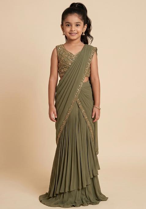 Brown Crepe Handwork Pre Draped Saree Set For Girls