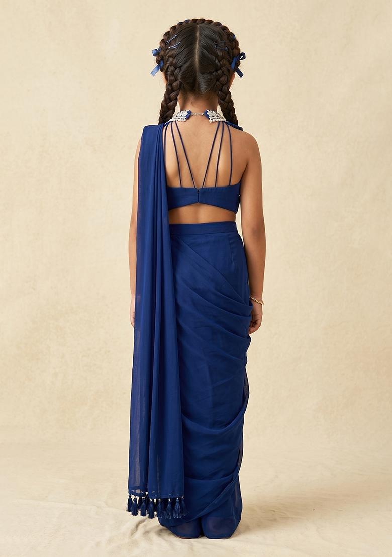 Navy Blue Crepe Handwork Pre Draped Saree Set For Girls - Indya