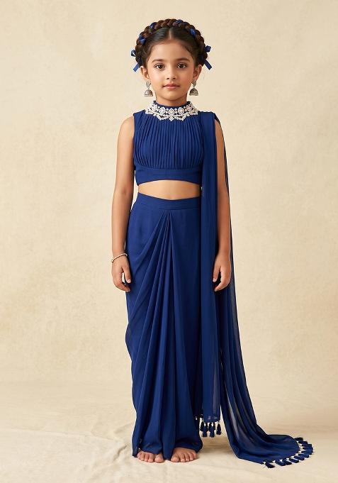 Navy Blue Crepe Handwork Pre Draped Saree Set For Girls