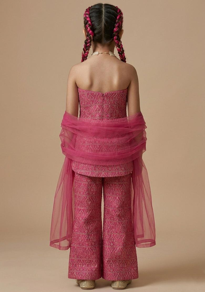 Pink Paisley Print Silk Fusion Set For Girls - Indya