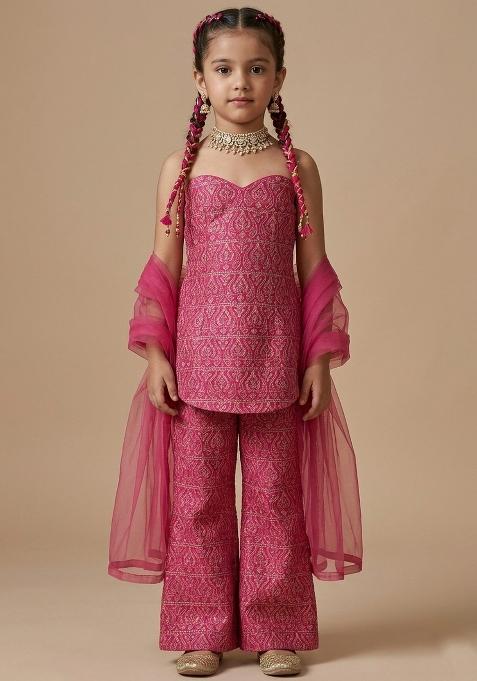 Pink Paisley Print Silk Fusion Set For Girls — view on Indya