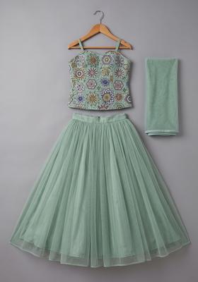 Mint Green Embroidered Crepe Lehenga Set For Girls