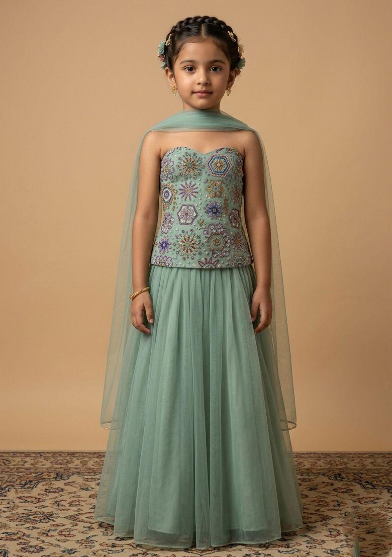 Mint Green Embroidered Crepe Lehenga Set For Girls - Indya