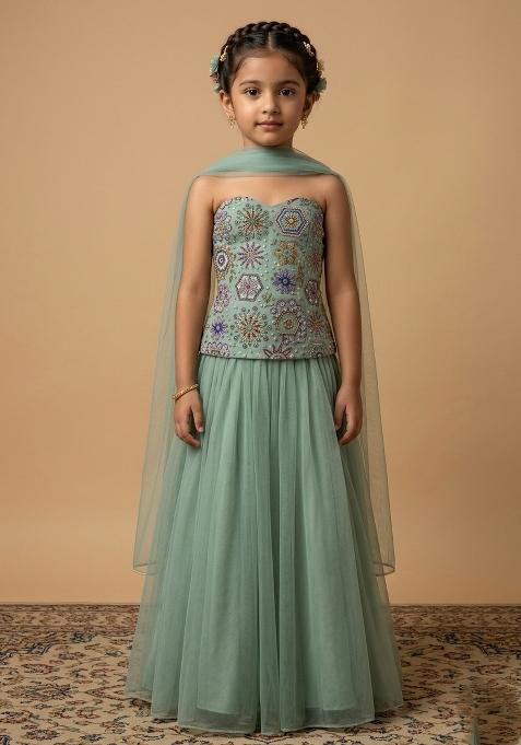 Mint Green Embroidered Crepe Lehenga Set For Girls — view on Indya