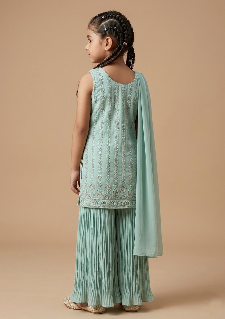 Light Blue Crepe Handwork Fusion Set For Girls - Indya
