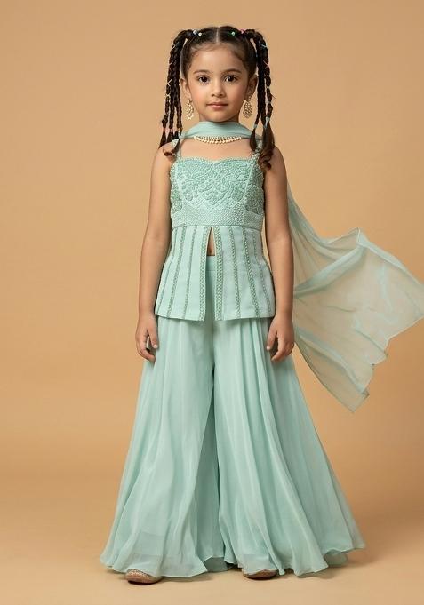 Light Blue Crepe Handwork Fusion Set For Girls