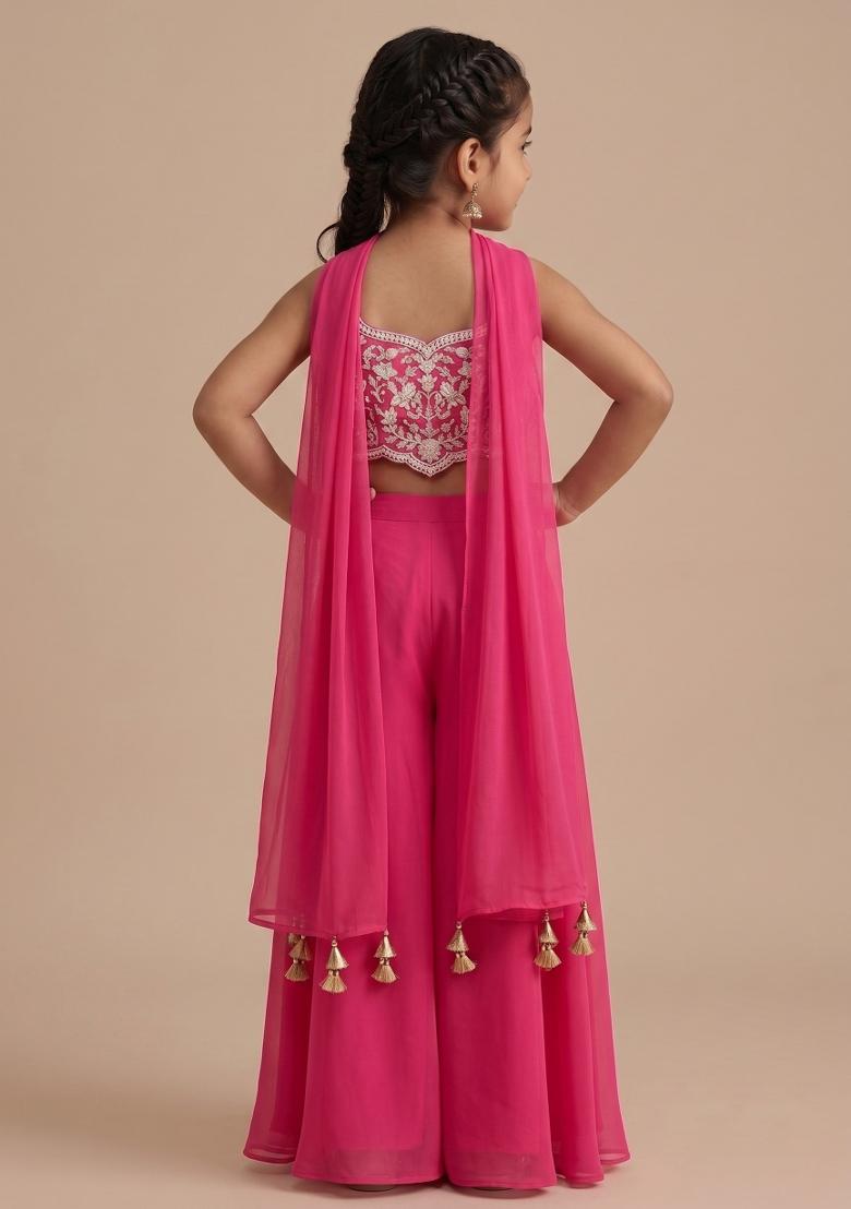 Pink Georgette Handwork Fusion Set For Girls - Indya