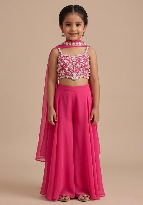 Pink Georgette Handwork Fusion Set For Girls