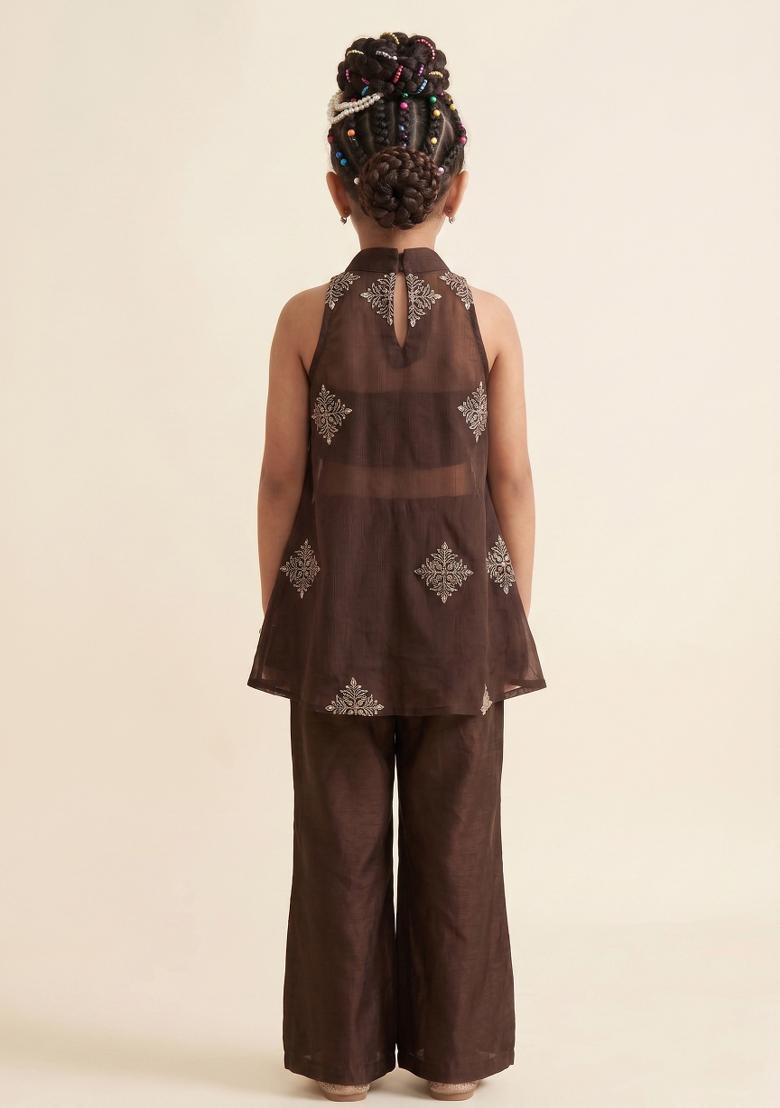 Brown Handwork Organza Fusion Set For Girls - Indya