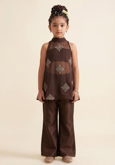 Brown Handwork Organza Fusion Set For Girls