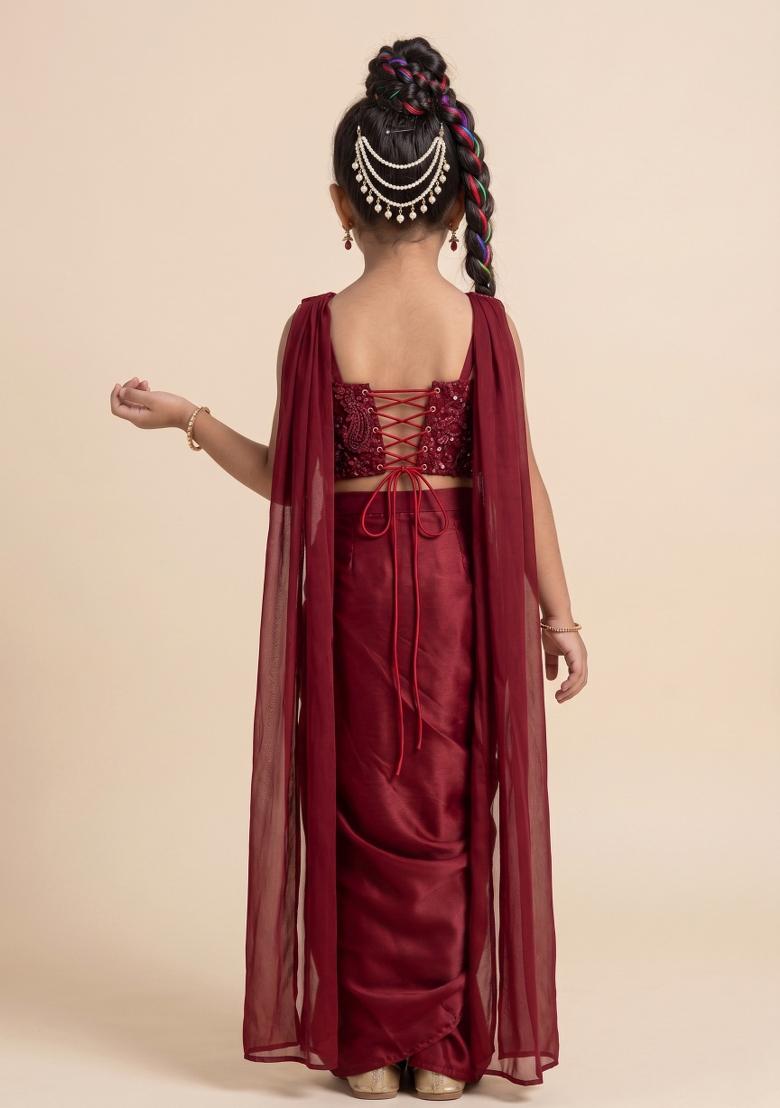 Cherry Red Handwork Satin Fusion Set For Girls - Indya