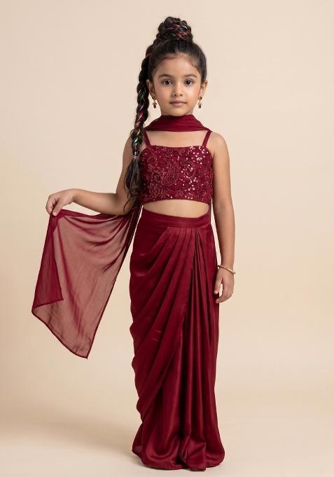 Cherry Red Handwork Satin Fusion Set For Girls