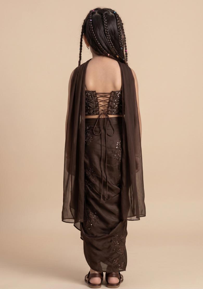 Jet Black Handwork Satin Fusion Set For Girls - Indya