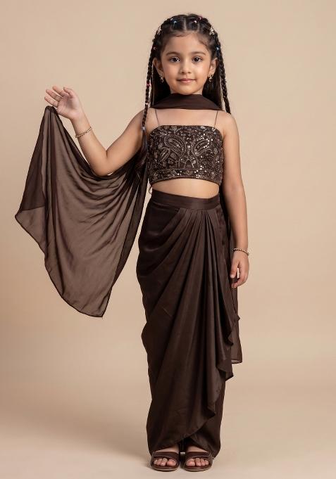 Jet Black Handwork Satin Fusion Set For Girls