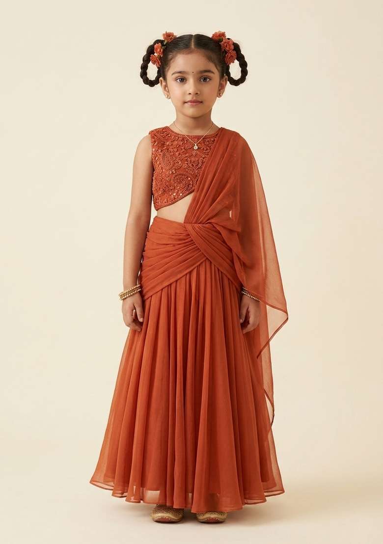 Rust Handwork Organza Fusion Set For Girls - Indya